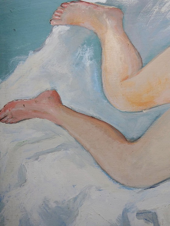 Image 1 of Naakt schilderij van een slapende vrouw, moderne olieverf op paneel, vintage