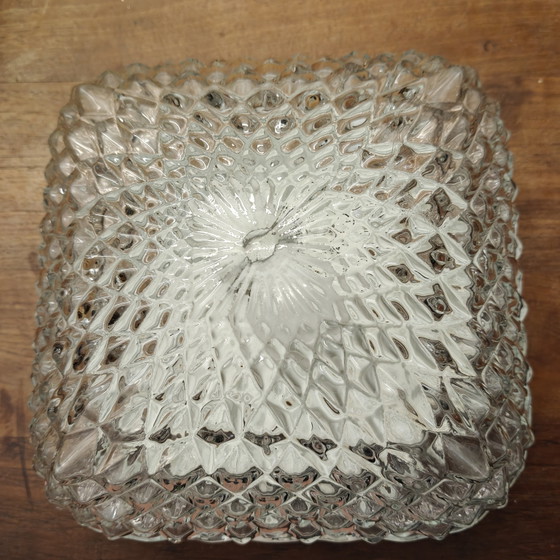 Image 1 of Vintage Ice Glass Flush Mount Ceiling / Wall Lamp – 1970s Geometric Glass