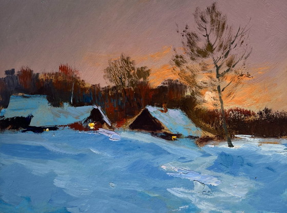 Image 1 of Original Oil Painting Sunset Village Landscape A quiet evening in the snowy glow