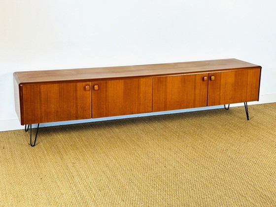 Image 1 of Low Scandinavian teak sideboard with 4 doors and hairpin metal legs, 1960