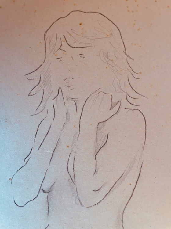 Image 1 of Nude female drawing "sketchbook hand held high" on antique cardboard