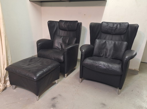 De Sede DS-23 Fauteuils + Pouf, Cuir Noir