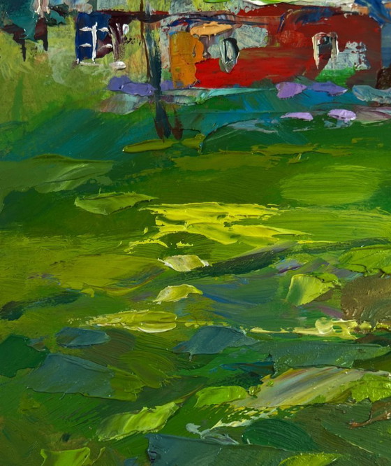 Image 1 of Original Oil Painting Autumn Village Landscape In The Silence Of The Birch Grove