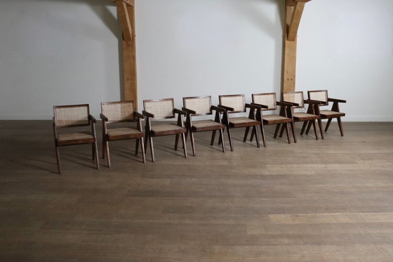 Image 1 of Ensemble de 8 chaises de bureau en rotin Pierre Jeanneret, Inde, années 1950