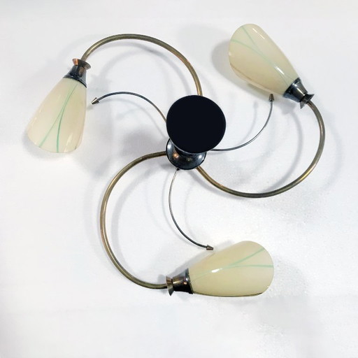 Plafonnier Vintage • La Spirale • Laiton & Verre • France • Années 1950