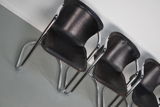 Image 1 of Set van vier bruine leren eetkamerstoelen, Willy Rizzo, jaren 1970