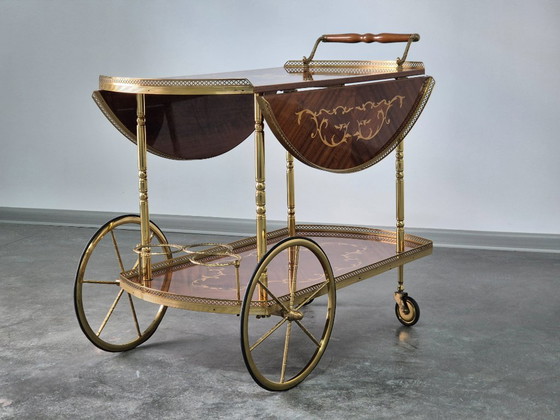 Image 1 of Serveerwagen barkar Trolley met zijkleppen, inleg van marqueterie, jaren 1970.