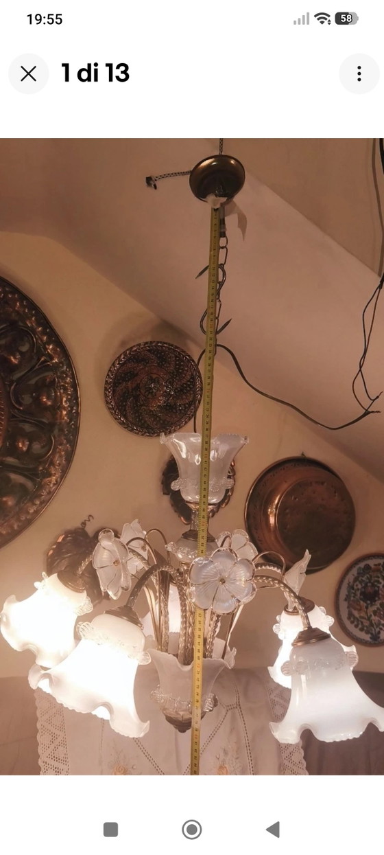 Vintage 5-Light Murano Style Chandelier in Brass and White Glass – Murano Glass (photo 3 of 9)