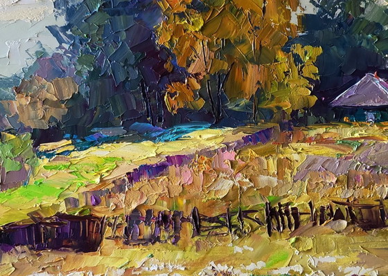 Image 1 of Origineel olieverfschilderij: Landelijk landschap met herfstbloemen in de tuin.