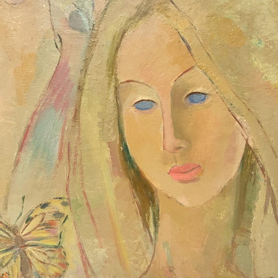 Roland Flory, The Butterflies, 3 Women's Faces, Oil Painting on Panel, 1975 – Paintings & Drawings (photo 3 of 11)