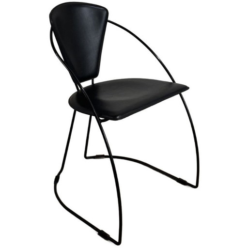 6er Set moderne italienische Stühle aus schwarzem Metall & Leder, 1980er