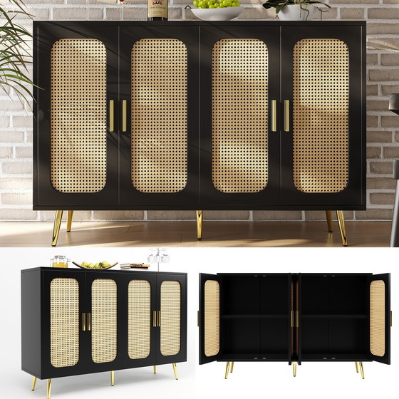 Image 1 of Urban Meuble zwart rotan dressoir met 4 deuren en gouden handgrepen en pootjes, 120 x 30 x 89 cm, STUGMAN