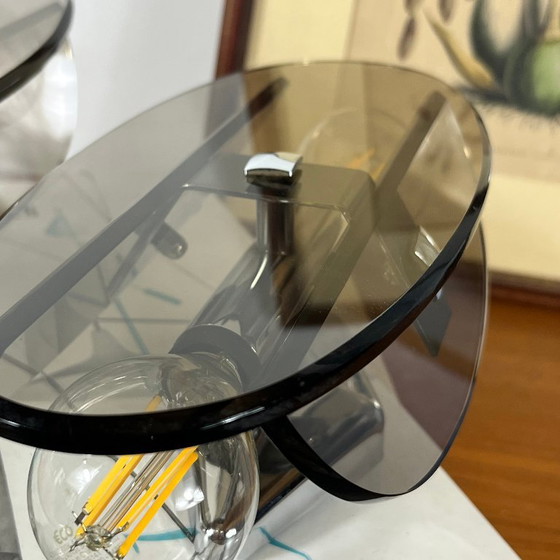 Pair of Veca Wall lights in brown smoked glass and chrome metal 1970 (photo 2 of 9)