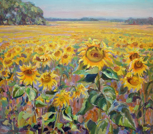 Original Ölgemälde Natur Sommerlandschaft Land Sonnenblumenfeld