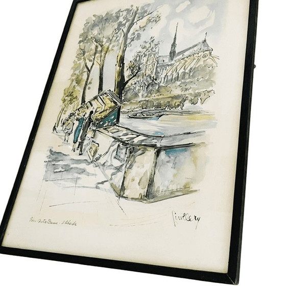 Image 1 of Vintage mid-century Guillery Lithograph Paris Notre Dame apse painting 1960s