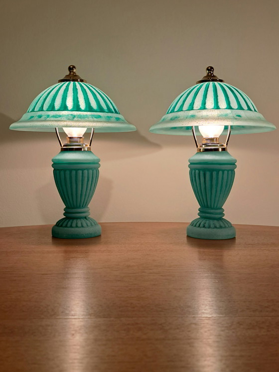 Image 1 of 🔵🟡 2 Vintage Glass & Brass Table Lamps – Turquoise – Excellent Condition