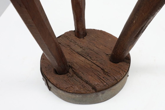 Image 1 of Brutalist French Solid Oak Tripod Stool with Metal Rim, 1850s