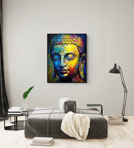 Image 1 of Unique hand-painted Buddha painting “Radiant Silence” – Seksak Jaichumchen – 80×100 cm