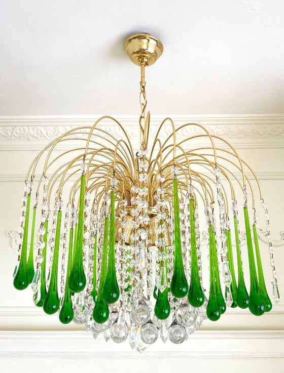 Image 1 of Lustre cascade vintage italien de Murano vert – années 1970