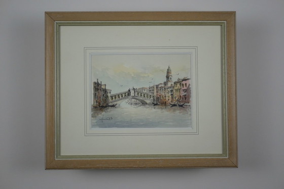 Image 1 of The Rialto Bridge, Venice - Signed and dated watercolor drawing, 1990, framed