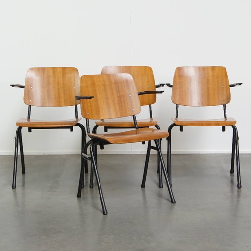 4x vintage 1960 Dutch design Marko school/ canteen/dining chair with armrests