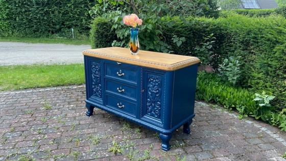 Image 1 of Blue Diamond – approx. 150-year-old sideboard/buffet | Navy blue & marble | Shipping included
