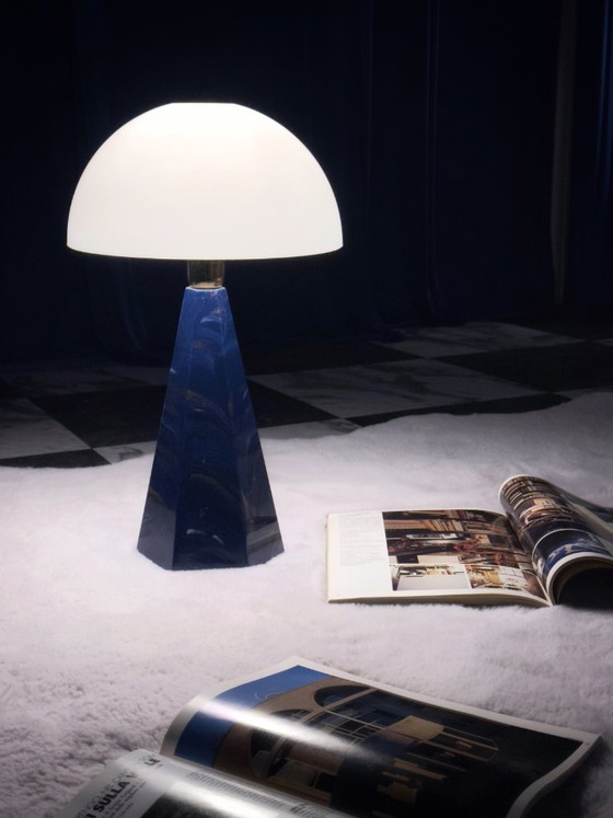 Set of 2 Italian 'Prisma' Table Lamps, Blue Marble & Opal Glass, Postmodern circa 2000 (photo 2 of 5)