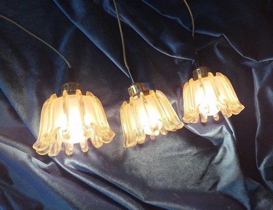 Set of 3 Doria Mid Century Amber-Coloured Pendant Lights, 1960s – Pendant lamps, Brass, Glass (photo 13 of 14)