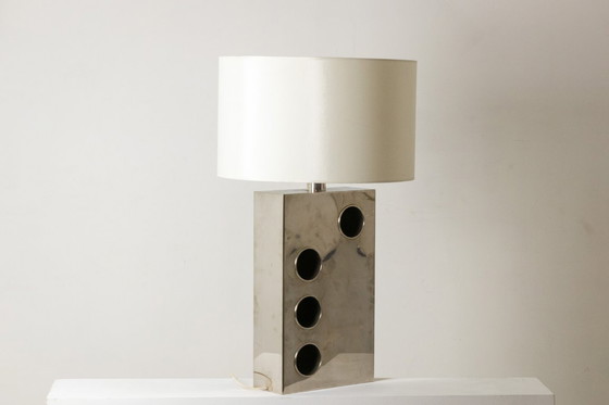 Image 1 of Rectangular lamp in chromed and cut metal. 1970s.