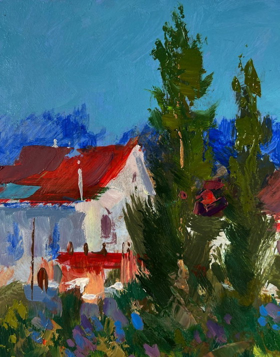 Image 1 of Original Oil Painting Summer Houses Landscape A walk through the city streets