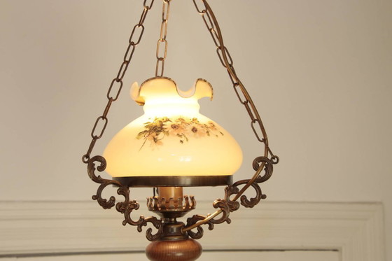 Image 1 of Ceiling lamp, pendant lamp, petroleum glass shade, 75-90cm, vintage