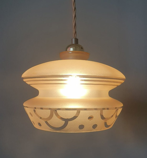 Image 1 of Vintage hanglamp - rose opaline glas met frosted textuur en decoratie 