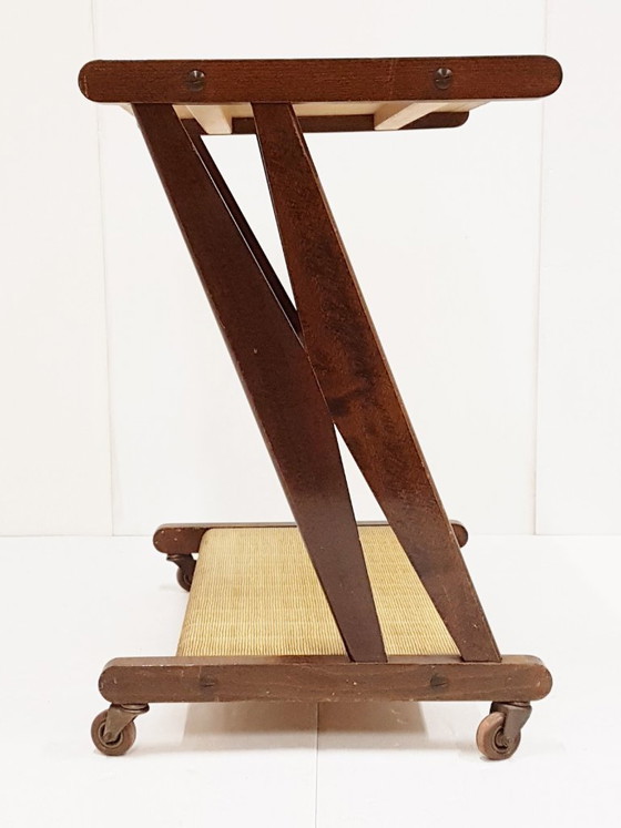 Image 1 of JULLIAN OAK METAL SIDE TABLE/TV CART ON WHEELS, 1960s VINTAGE