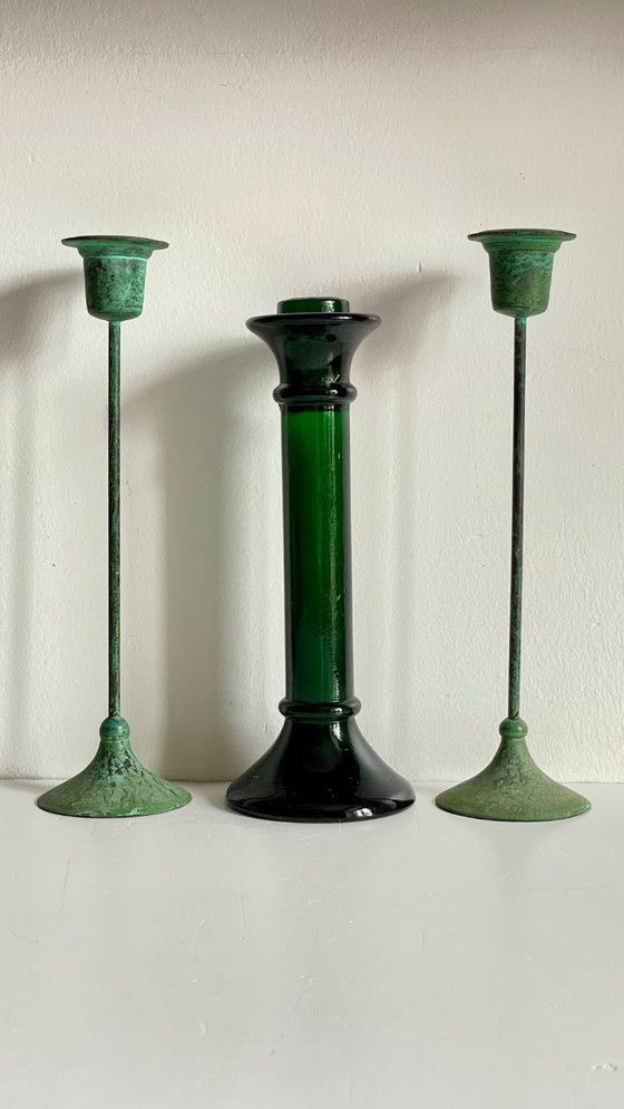 Image 1 of Vintage Glass and Metal Candle Holders Green