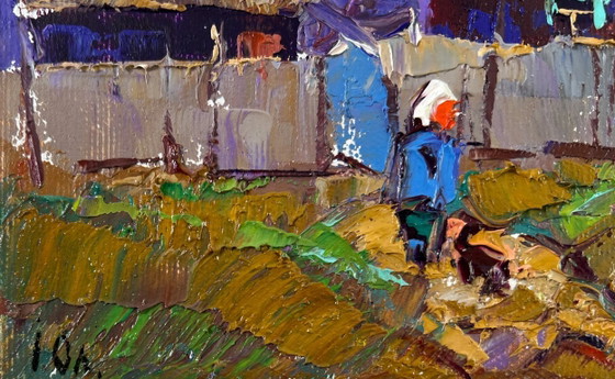 Image 1 of Original Oil Painting Evening Village Landscape The sky at dusk