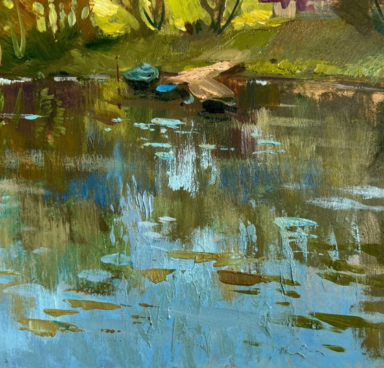 Image 1 of Original Oil Painting Summer River Landscape A quiet ferryman in the village