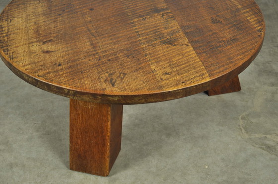 Image 1 of Brutalist Massive Oak Round Coffee Table 1970s