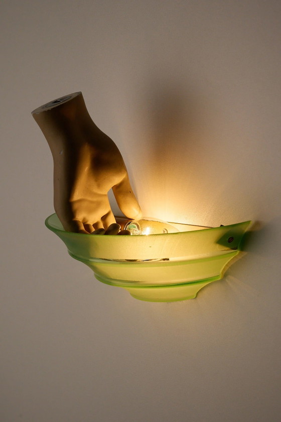 Mid-Century Green Glass Shell Wall Sconce with Clear Stripes, Wall lights, Brass, Mid Century Modern (photo 8 of 9)