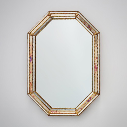 Venetian style octagonal mirror marked MGB, Planilux, Cristanola, Spain