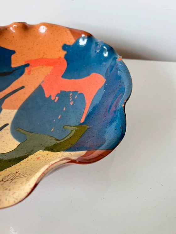 Image 1 of Cuenco de cerámica esmaltada abstracta orgánica / cerca vacía / cesta de fruta firmada