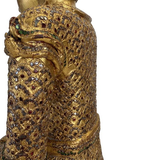 Antieke Birmese Jambupati Boeddha met glasinleg, 57 cm hoog. – Beeldhouwkunst, Wood (photo 8 of 16)