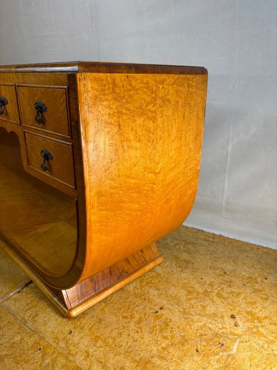 Image 1 of Art Deco Antique Vintage Console Table in Bird’s Eye Maple 1920-1930  Sweeping U-Shaped Base • Brass Details • Elegant Statement