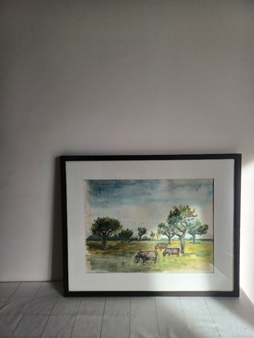Serene watercolor with grazing cows – Bauwens ’36 – 43x52 cm”