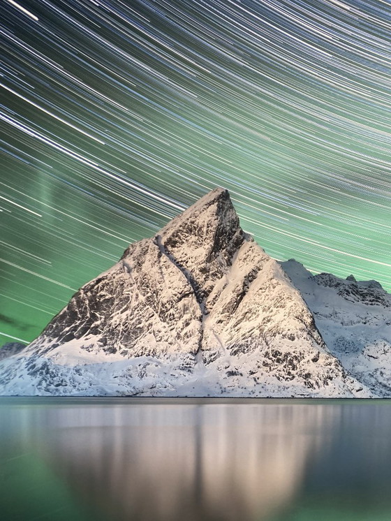 Image 1 of Aurora Borealis Fine Art Print: Framed Mountain Landscape Star Trails (100x100 cm).