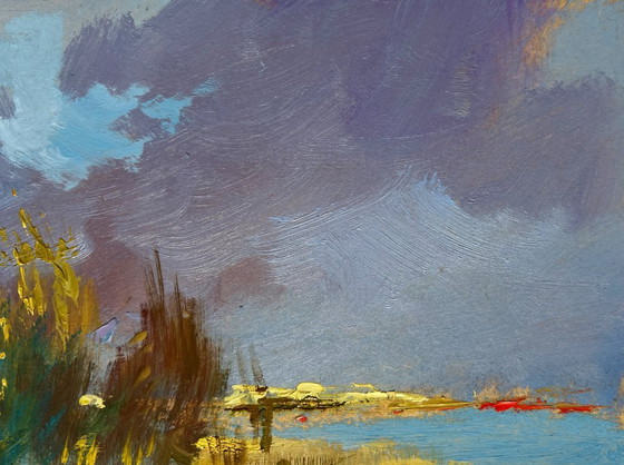 Image 1 of Original Oil Painting River Coastal Landscape A boat among the reeds