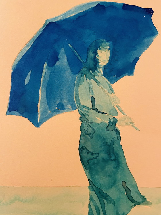 Image 1 of Gesigneerd schilderij blauw aquarel vrouwenportret "weekend in Honfleur".