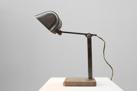 Image 1 of Art-déco-Schreibtischlampe aus Metall und Travertin im Industriestil, Belgien, 1930er Jahre