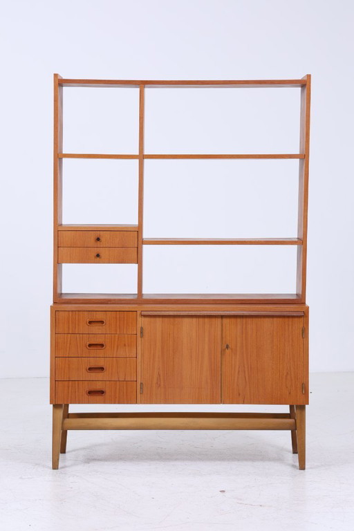 Vintage teak shelf 60s | Mid - Century bookcase with sliding doors retro wood storage #05-57