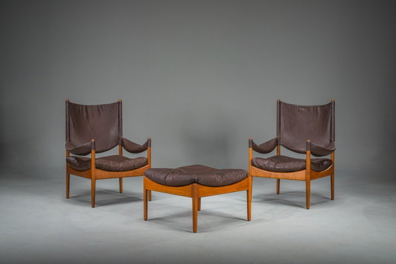 Image 1 of  Mid-Century Modern Danish Oak and Leather Lounge Chairs with Ottoman by Kristian Vedel for Søren Wiladsen, 1960s, Set of 3