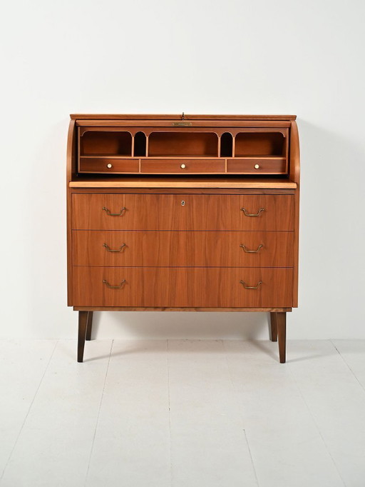 Secretaire scandinavo in teak con tamburo scorrevole